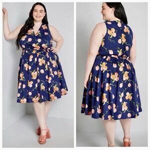 Modcloth Sleeveless Crossover V-Neck Dress Womens Sz 8 Navy Peach Print Belted
